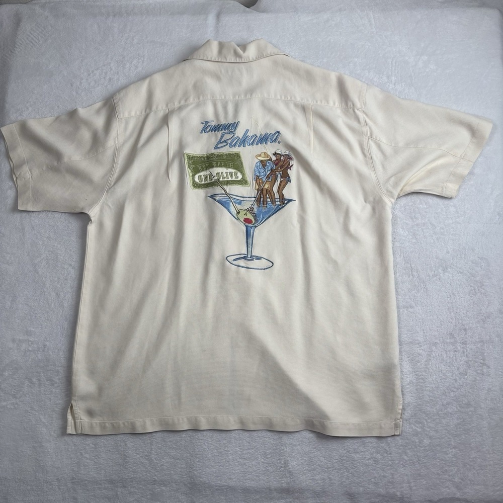 Tommy Bahama One Olive Net Worth‎ Beige Short Sleeve Silk Embroidered Shirt XL